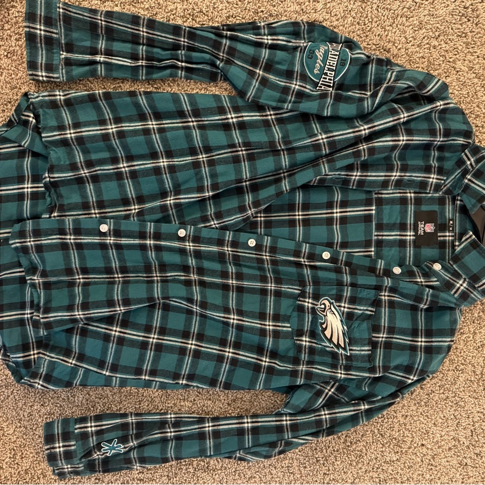 NFL Eagles Teal and Black Plaid Shirt